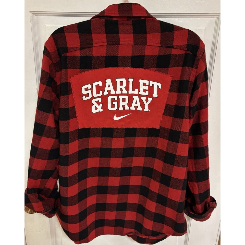 Scarlet and Gray Ohio State Buckeyes Upcycled Flannel Plaid Shirt Mens Size Larg